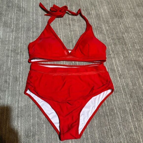 Suuksess Cherry Red High Waist Halter Neck Mesh Bikini Swimsuit XL NWT - Picture 1 of 11